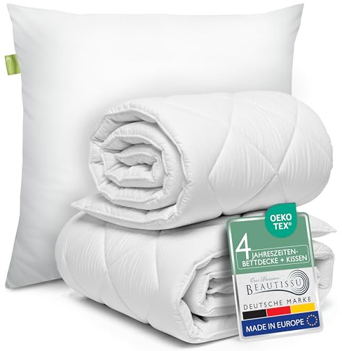 Beautissu Bettdecke und Kissen Set – 4 Jahreszeiten Bettdecke 135x200 & Kopfkissen 80x80 – Allergiker Ganzjahresdecke & Steppdecke Decke 135x200 Schlafdecke – BeauNuit JD & NK