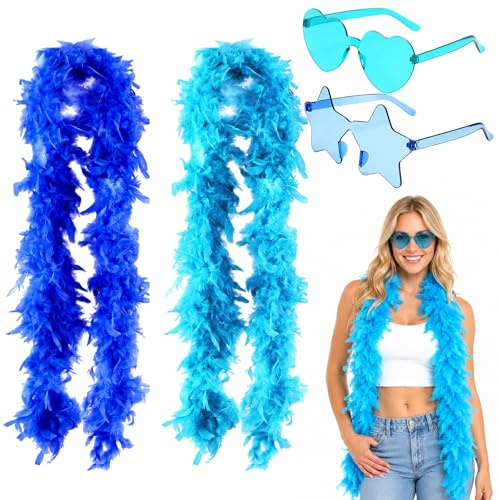 4Pcs Blue Feather Boa Set, Feather Boa Blue, Feather Boa Multipack | Feather Boas Multipack with Star and Heart Glasses, Blue Feathers for Themed Party Celebrations Dance Perform