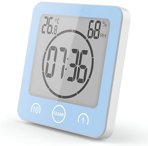 VORRINC Orologio Digitale LCD per Doccia, Orologio da Bagno Impermeabile con ventosa, igrometro, termometro, Orologio da Parete Orologio da Cucina Timer da Cucina (Blu)
