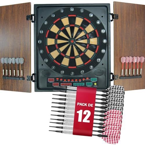 PL Ociotrends Diana Electrónica Eros | Diana con Puertas de Madera y Pantalla LED | 27 Juegos y 202 Variaciones | Multijugador hasta 8 Jugadores | Incluye 12 Dardos y Adaptador
