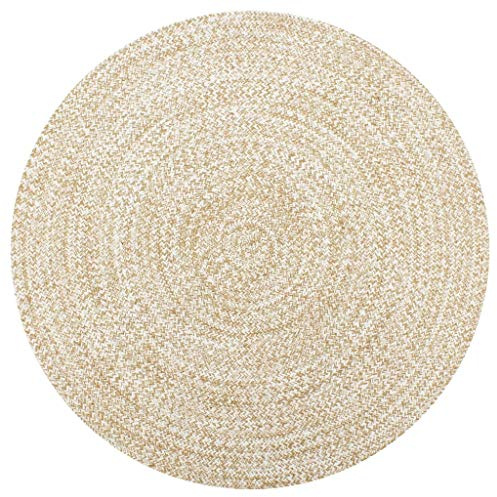 Festnight Teppich Handgefertigt | Rund Teppiche fürs Wohnzimmer Esszimmer Schlafzimmer | Weiß/Schwarz und Natur | Geflochtene Jute und Baumwolle | 90/120 / 150 cm