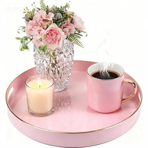 Simmer Stone Dekoratives Tablett, rundes Kunststofftablett mit Griffen, modernes Schminktablett und Serviertablett für Ottomane, Couchtisch, Küche und Bad, Größe 33 cm (Pink)