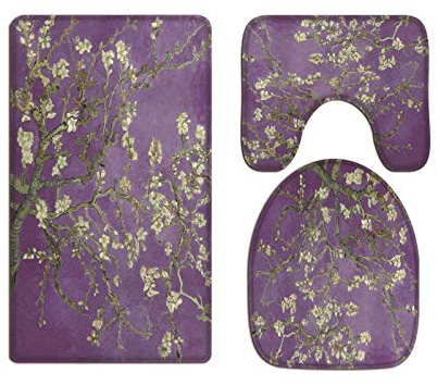 A.Monamour Set Tappeti Bagno 3 Pezzi Completo Fiori Di Mandorlo Di Vincent Van Gogh Tono Viola Arte Antiscivolo Morbidi Assorbente Lavabile Tappetini per Il Bagno WC Bidet