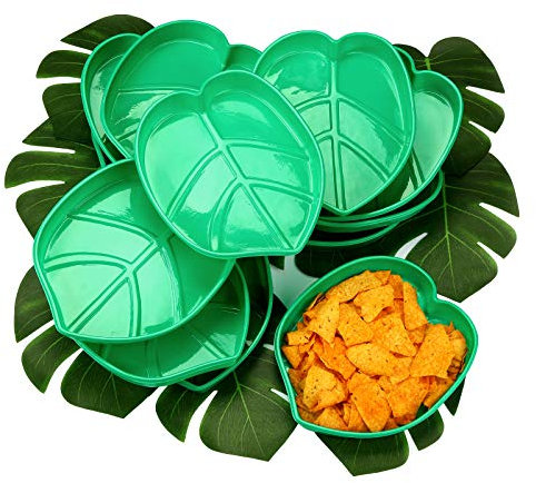12 Pièces Plateau Collation 12 Pièces Feuille Palmier Plateau à Collation Réutilisable Hawaïen Feuilles Plantes Tropicale, Croustilles Biscuits, Trempette Bonbons, 8,3 x 7 Pouces