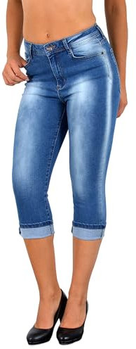 ESRA Damen Capri Hose Damen High Waist Caprihose Kurze Jeans Hose hoher Bund bis Übergröße C21