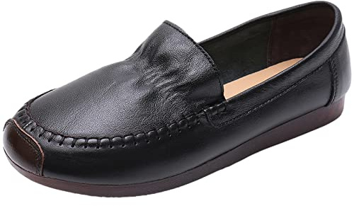 Jamron Mujer Piel Genuina Mocasines Anchos Bailarinas Suela Blanda Ligero Cómodo Zapatos para Caminar sin Cordones Negro EU37