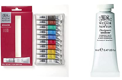Winsor & Newton Gouache, Set iniciación de 10 tubos de 12ml, colores surtidos & 0605512 Dise-adores Gouache color 14ml Blanco Permanente