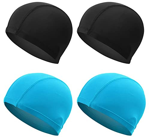NITAIUN 4 Stück Badekappen für Erwachsene Kinder, Unisex, Stoff-Badekappe, dehnbarer Stoff, bequem, kein Ziehen, leichte Badekappen, Schwarz und Blau (4 Stück)
