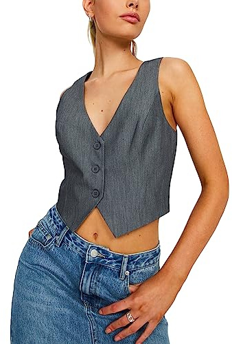 Acrawnni Women Y2K Waistcoat Vest Halter Neck Button Down Dressy Vests Tuxedo Suit Racerback Sleeveless Vintage Slim Fit Streetwear (K-Gray, L)