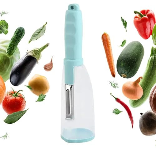 Pelador con depósito y almacenamiento de pieles y cáscaras para frutas y verduras cuchilla afilada de acero inoxidable ergonómico pelador de patatas pelador de verduras pelador de frutas (azul)
