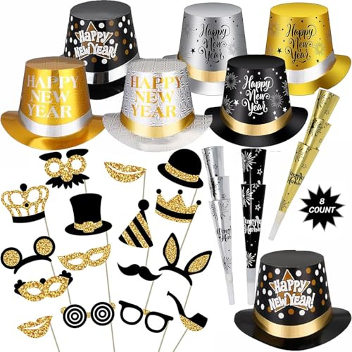 ZYDNANYANG Sombrero de fiesta de Año Nuevo 2026 Año Nuevo Nochevieja, 7 sombreros de fiesta, 16 piezas triangulares photobooth props, 12 feliz nuevo blower up cuerno