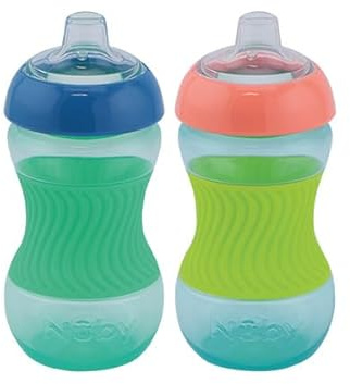Nuby - Paquete de 2 Mini Tazas - Vasito de Aprendizaje para Niños con Asa de Silicona - Vaso para Bebé - 2 Unidades Azul y Verde - 180 ml - 4+ Meses