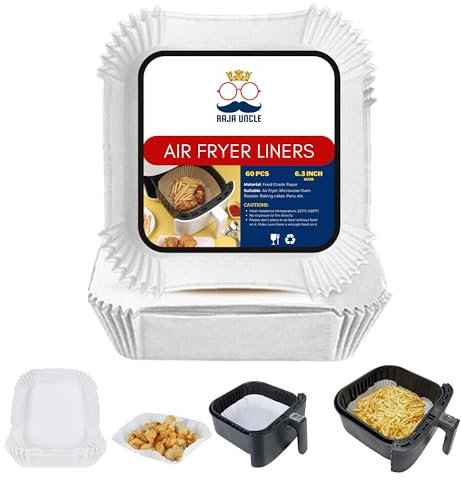 RAJA UNCLE Air Fryer Liners, Paper Liners, 60PCS of, 6.3 inch Square White, Non-Stick, Greaseproof Air Fryer Paper Liners Compatible with COSORI, Ninja & Tower Air Fryer (Unbleached)