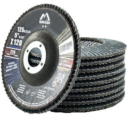 Merryland Fächerscheibe 125 Metall Edelstahl Stahl für Winkelschleifer, 125mm 120K T29 Lamellenscheibe Zirkonkorund Blau Schleifmopteller 10 Stück, Craft-Line FC1108614-10