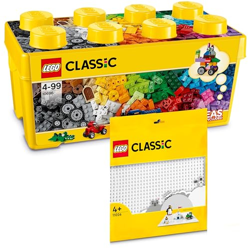 Boîte de briques Lego de taille moyenne + plaque blanche, Kit de démarrage pour enfants à partir de 4 ans
