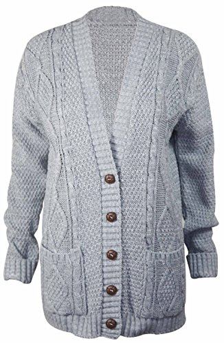 Purple Hanger New Women’s Ladies Long Sleeve Button, Front Pocket Chunky Aran Cable Knit Grandad Cardigan, Sweater Plus Size (16-18, Light Grey)