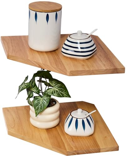 Gieanoo Hörnhylla, set med 2 massivt ekträ, vitt flytande hörnhylla, väggmontering, organiserare med trådhål, liten växtdisplay för kök, vardagsrum, sovrum (naturlig, 25 cm (set med 2))