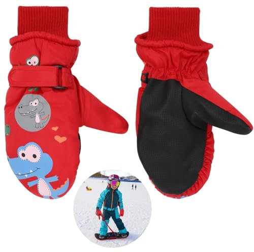 Warme Ski-Fäustlinge für Kinder im Alter von 4–8 Jahren, wasserdicht und winddicht, Coral Fleece Schneehandschuhe, niedliches Dinosaurier-Design, Winter-Fäustlinge, Rot/Ausflug, einfarbig (Getaway