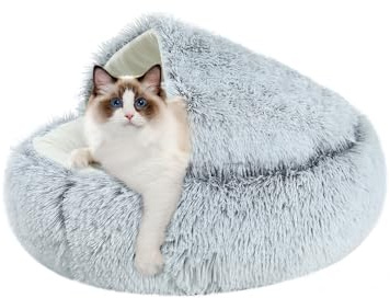 CUEMOON Lit moelleux pour chat - Rond - Peluche douce - Pour petits chiens et chats - Lavable - Antidérapant - Long - Peluche épaisse - Panier chaud - Coussin de couchage antidérapant - Gris
