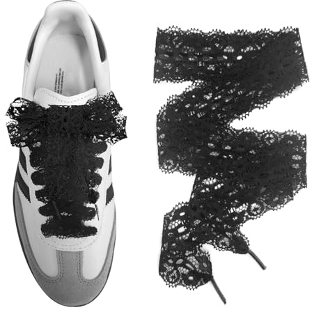 UamGlsob Lacets plats délicats en dentelle de 3 cm de large, design floral motif style ballet, doux et lisse, conçus pour les baskets samba femme(Black,54/140cm)