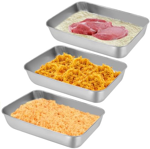 Lot de 3 bols à paner, sans couvercle, en acier inoxydable, 25,5 × 20 × 5,5 cm, 2,2 l, rectangulaires, argentés, empilables, pour escalopes, viande, poisson