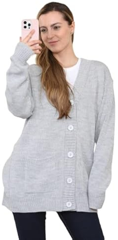 Womens Grandad Cardigan, Ladies Plain V Neck Long Sleeve Open Front 5 Button Longline Oversized with 2 Front Pockets Knitted Sweater UK Plus Size 8-26