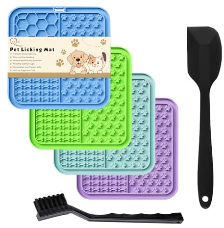 Licky Mats for Dogs Pack of 4 Licky Mats for Dogs with Strong Suction Cup - Slow Pet Feeder for Food, Peanut Butter Includes Spatula & Brush - Perfect for Grooming & Training
