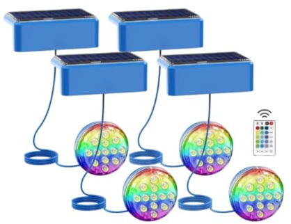 LED ATOMANT Pack 4x Luces solares para piscinas sin instalacion LED 2,6W RGB IP68, Cable 1m, Fijacion con adhesivo o tornillos, Luz solar piscina sumergible para decoracion, Iluminacion impermeable