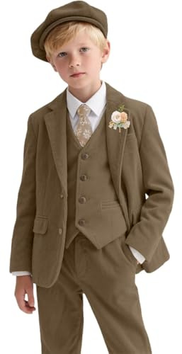 Completo da ragazzo 3 pezzi in corduroy: giacca, gilet, pantaloni, per matrimonio o ballo di fine anno, non include cappello, Marrone chiaro, 10 anni
