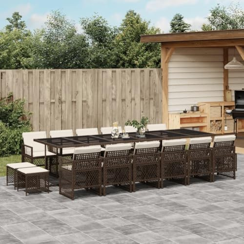 Qnhdfrt Gruppo da giardino in rattan PE con 12 sedie, 4 sgabelli e cuscini, marrone, 330 x 106 cm, pieghevole, resistente alle intemperie, per terrazza, giardino e balcone