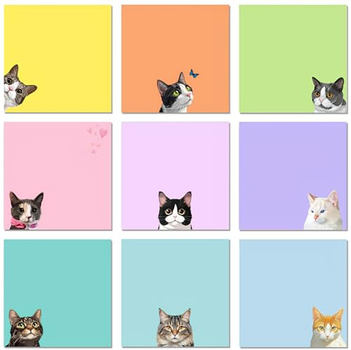 9 block katt klibbig notes set anteckningar klisterlappar roliga kontorsmaterial studenter tillbehör present kattälskare, 7,6 x 7,6 cm