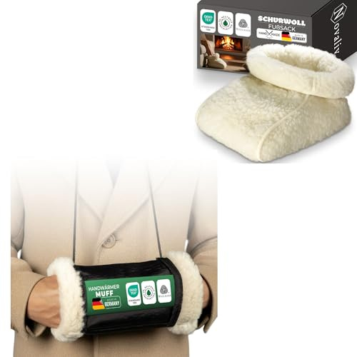 Novaliv Schurwoll-Wärmeset – Schurwoll-Fußsack & Handwärmer-Muff – Fußwärmer und Handwärmer ohne Strom aus 100% Schafwolle gegen kalte Füße und Hände auf Sofa, Couch