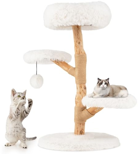 GYMAX Árbol Moderno para Gatos, Mueble Boho para Gatos con Troncos de Madera de Peral, Postes Rascadores, Suave Tejido de Peluche, Bola Colgante, Kit Antivuelco, Torre de Madera para Gatitos (Blanco)