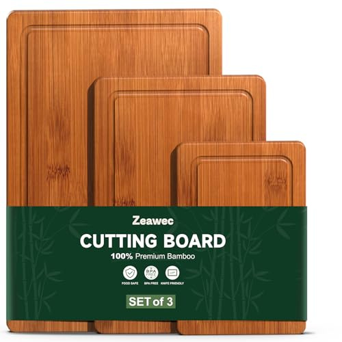 Zeawec 3-Piece Set Bamboo Cutting Board for Kitchen - Crack-Resistant Wood Chopping Boards with Deep Juice Grooves, Pre-Oiled Butcher Block for Meat, Vegetables & Cheese, Carbonized
