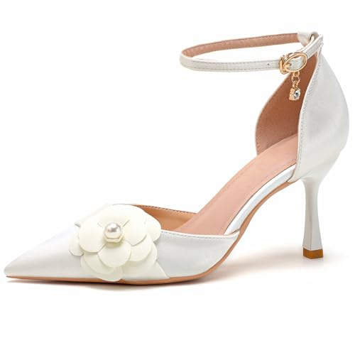 Tacones Salón Satén Punta Afilada Tacón Aguja Mujer Correa Flor Camelia Zapatos Vestir para Boda Banquete,Blanca,34 EU