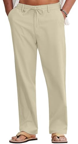 LVCBL Summer Trousers for Men Linen Loose Fit Classic Trousers with Belt Loops Khaki L