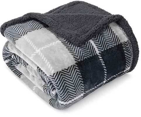 PAVILIA Twin Plaid Sherpa Throw Blanket for Couch Sofa Bed Dark Grey, 60x80