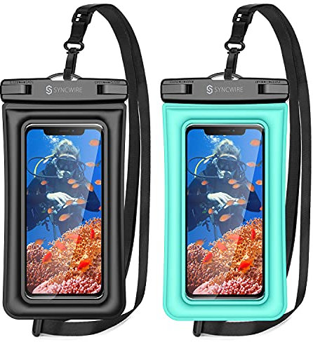 SYNCWIRE Custodia impermeabile [7 pollici, 2 pezzi] IPX8 universale impermeabile per iPhone 16 15 14 13 12 11 Pro XS Max Mini SE XR X 8 7 6+, Galaxy S25 S24 S23 S22 S21 S10 – nero e blu