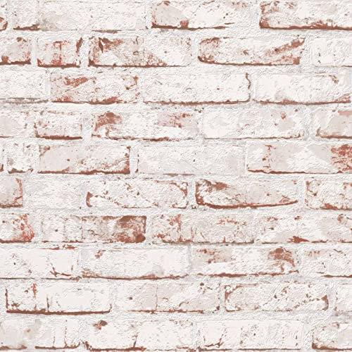 Papier peint imitation pierre trompe l'oeil blanc & rouge | Tapisserie effet pierre moderne | Papier peint tendance salon & couloir