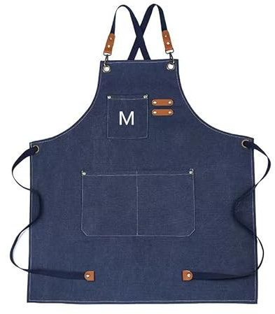 Delantal de lona con delantal de cocina cruzado ajustable para hombres y mujeres, delantal de trabajo profesional con múltiples bolsillos para carpintero de jardín, pintor, barista, familia (azul)