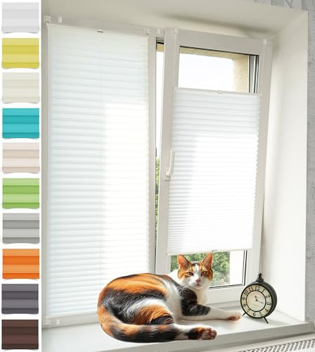 Vkele Plissee ohne Bohren Klemmfix – Faltrollo Jalousie Weiß 65x80cm(BxH), Lichtdurchlässig & Blickdicht, Sonnenschutz & Sichtschutz, Easyfix Rollo für Fenster & Tür