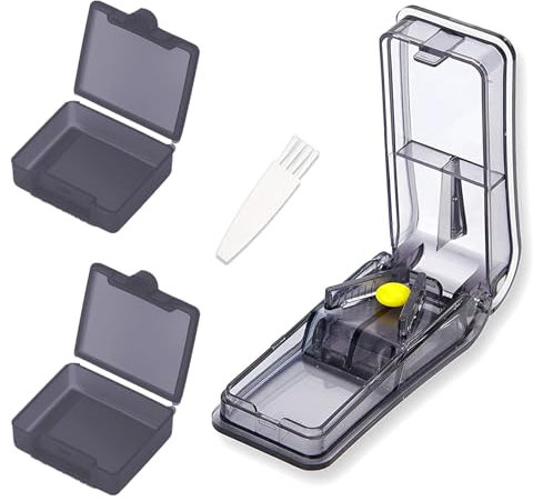 IZyufan Taglia Pillole,con 2 Portapillole,Morsa a V Dividi Pastiglie per Farmaci Piccole Compresse,Taglia le Pastiglie Facilmente,per Spaccare e Portare con te Farmaco(Nero)