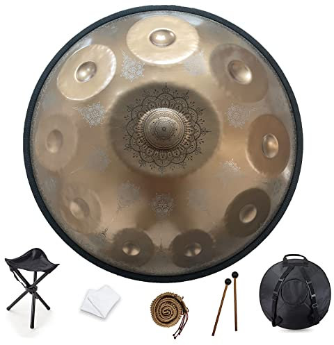 9 Noten 22 Zoll Handpan, D-Moll 432 Hz Stahltrommel-Schlaginstrument, Mandala-Musikdarbietung, handgefertigtes Heilungsmusikinstrument, Geschenk, Gold (Goldmandala 10 Töne)