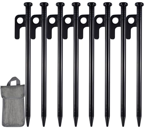 Estacas para Tienda de Campaña, 8 Piezas 20cm Clavijas para Tienda de Campaña, Negro Piquetas para Tienda de Acero, Piquetas Camping con Gancho Y Agujero, Piquetas Tienda de Campaña, Clavijas de Metal