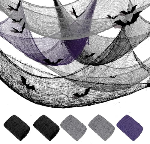 5 Stück 183 x 76 cm Halloween Gaze Stoff Deko gruselig käsetuch passiertuch Cheesecloth mit 12 3D Fledermäuse, Halloween türdeko und Party Decoration Innen Außen