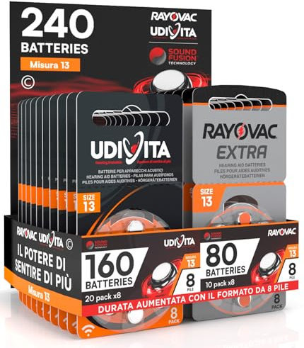 240 Pilas para Audífonos Tamaño 13 PR48 (Naranja) con Tecnología Sound Fusion - 240 Pilas: 160 Udivita + 80 Rayovac
