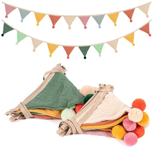 Fabric Bunting Banner,Triangle Baby Bunting for Nursery,Double Sided Colorful Cotton Bunting Garland for Garden Tea Wedding Shower Girls Boys Birthday Bedroom Decoration (Candy Green + Beige)