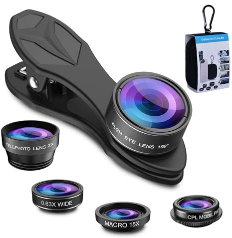APEXEL Kit de Lentes 5 en 1 para cámara de teléfono – Objetivo Gran Angular de 0,63 X y Objetivo Macro 15X + Lente Ojo de pez de 198°/CPL + 2 teleobjetivos compatibles con la mayoría de Smartphones
