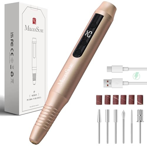 MelodySusie Cordless Nail File,PC180G Electric Nail Drill for Acrylic Gel Nails 25,000RPM Professional Portable Nail Efile Manicure Pedicure Polishing Tool with Nail Drill Bits,Sanding Bands (Gold)