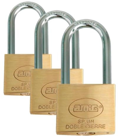 Amig - Candado de seguridad | Incluye 2 llaves | Arco largo | Latón y arco de Acero tratado | Para taquillas de gimnasio, puertas, armarios, maletas, mochilas | Doble cierre | Ancho: 40 mm